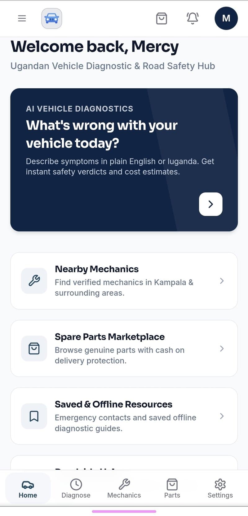 Roadside Assistant mobile app home screen with AI vehicle diagnostics, nearby mechanics, and spare parts shortcuts